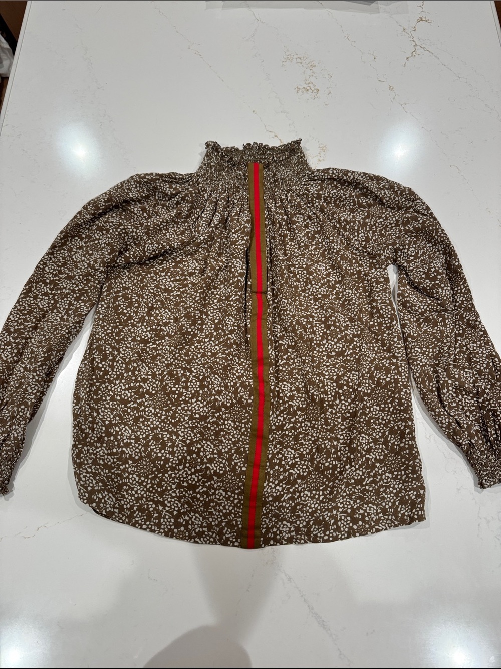 Rungolee Brown Floral Long Sleeve Blouse with Red-Green Stripe